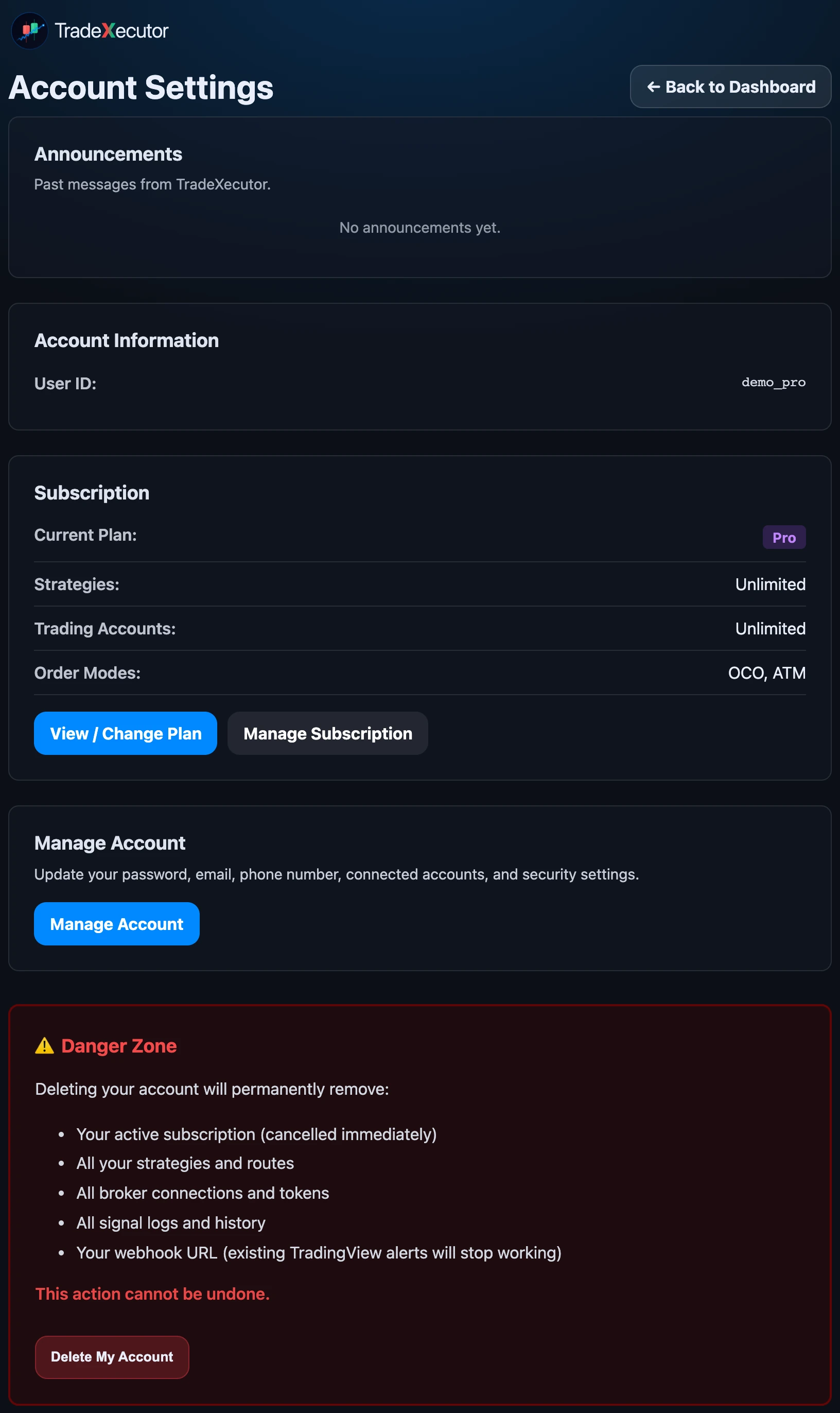 The Account Settings page