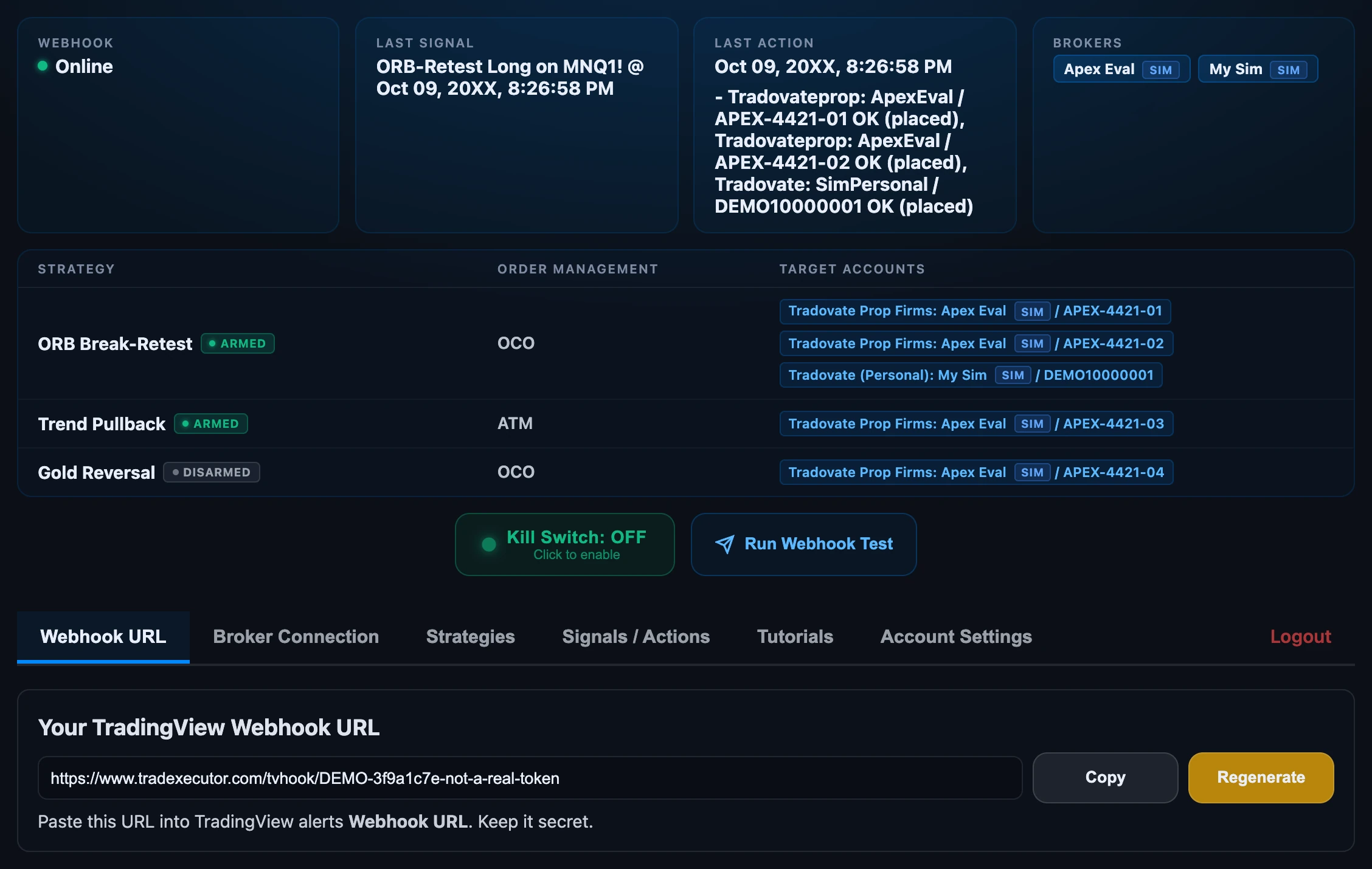 The TradeXecutor dashboard: status cards, strategies and their accounts, kill switch and tabs