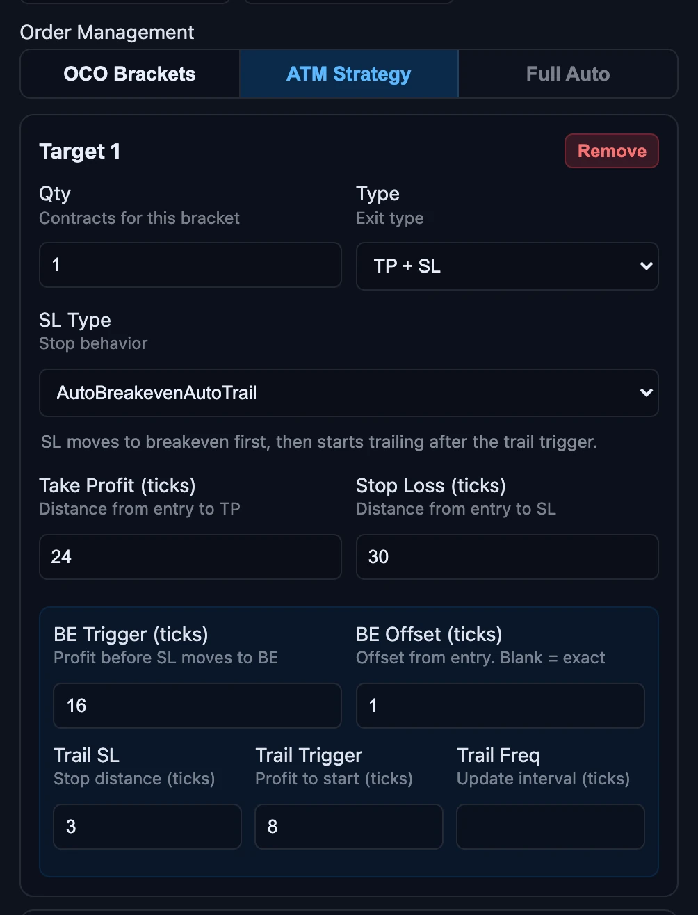 ATM mode: multi-target brackets with breakeven and trailing stops