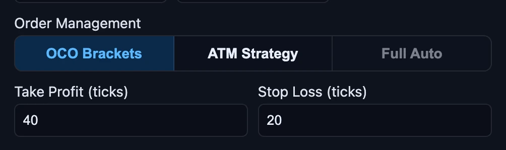 The Order Management toggle: OCO Brackets, ATM Strategy and Full Auto